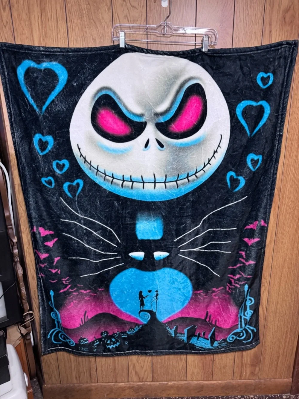 Jack and Sally’s Love Plush Throw Blanket - Black, Blue & Pink‎